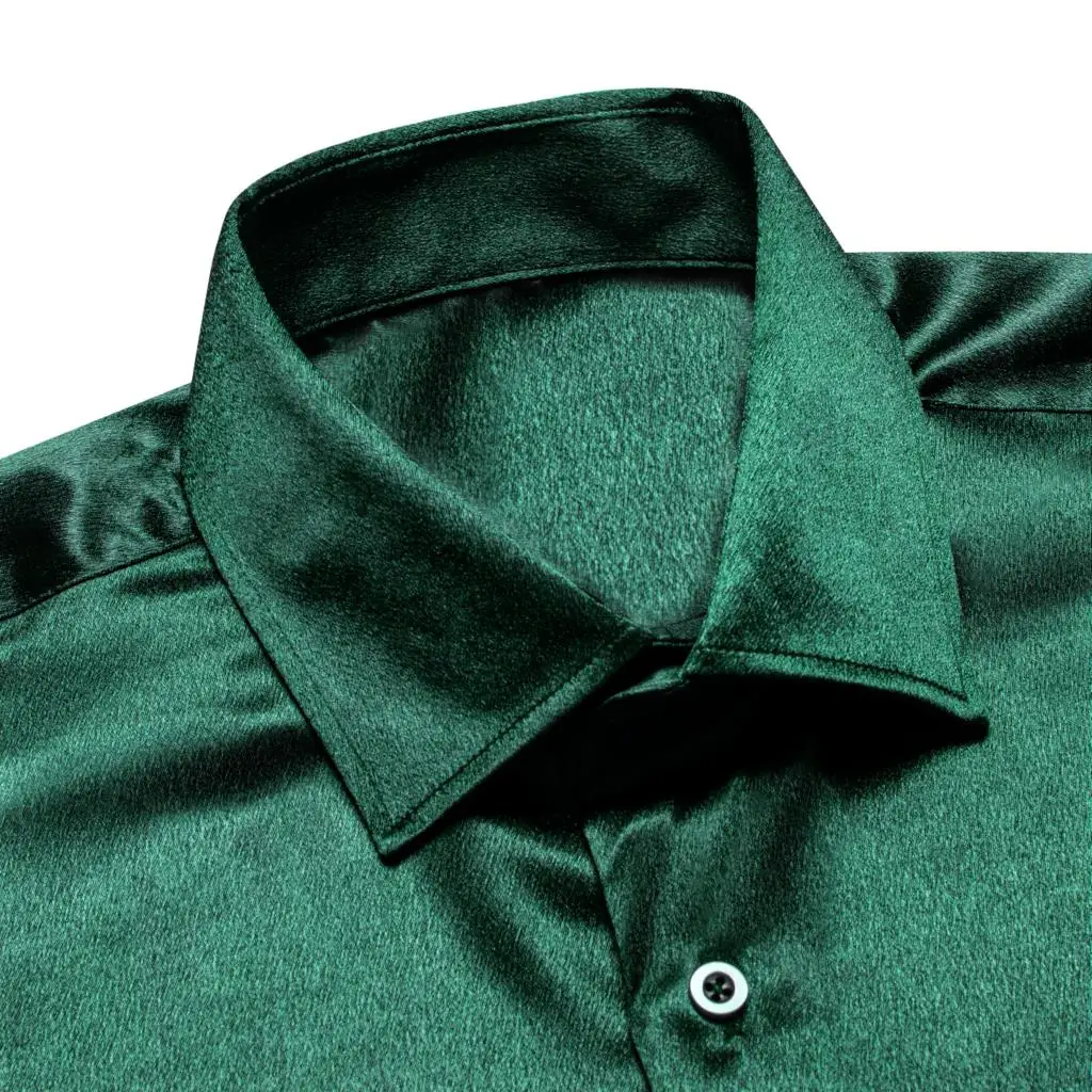 Hi-Tie Mens Big Size Green Silk Satin Shirts Lapel Collar Solid Long Sleeve Social Dress Shirt Soft High Quality Blouse for Male