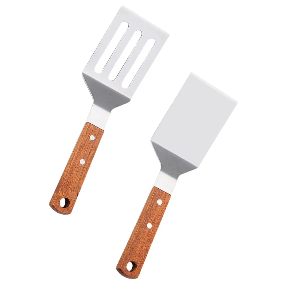 

2pcs Wooden Handle Stainless Steel Frying Spatula Set Heavy Duty Grill Turner Kitchen Tool Steak Shovel Pan Cake Maker
