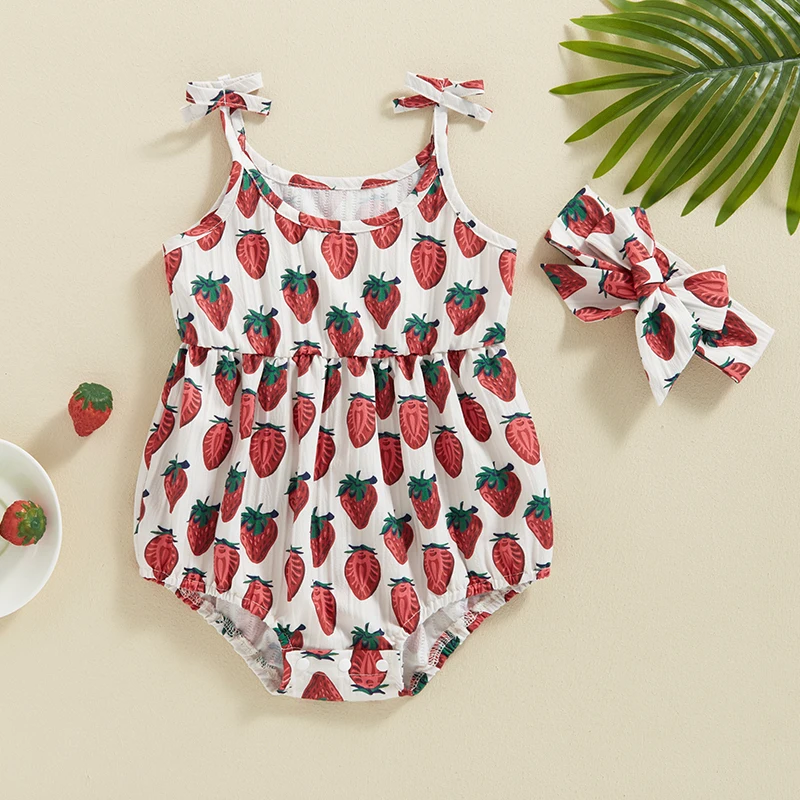 Newborn Baby Girl Outfit Tie-up Sleeveless Strawberry Print Romper with Hairband Summer Clothes