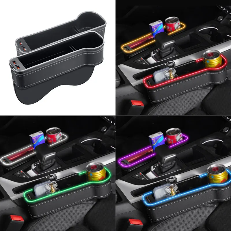 SEAMETAL Car Seat Gap Storage Box with Atmosphere Light Seat Side Organizer Dual USB Charge Port Cup Holder Car Stowing Tidying