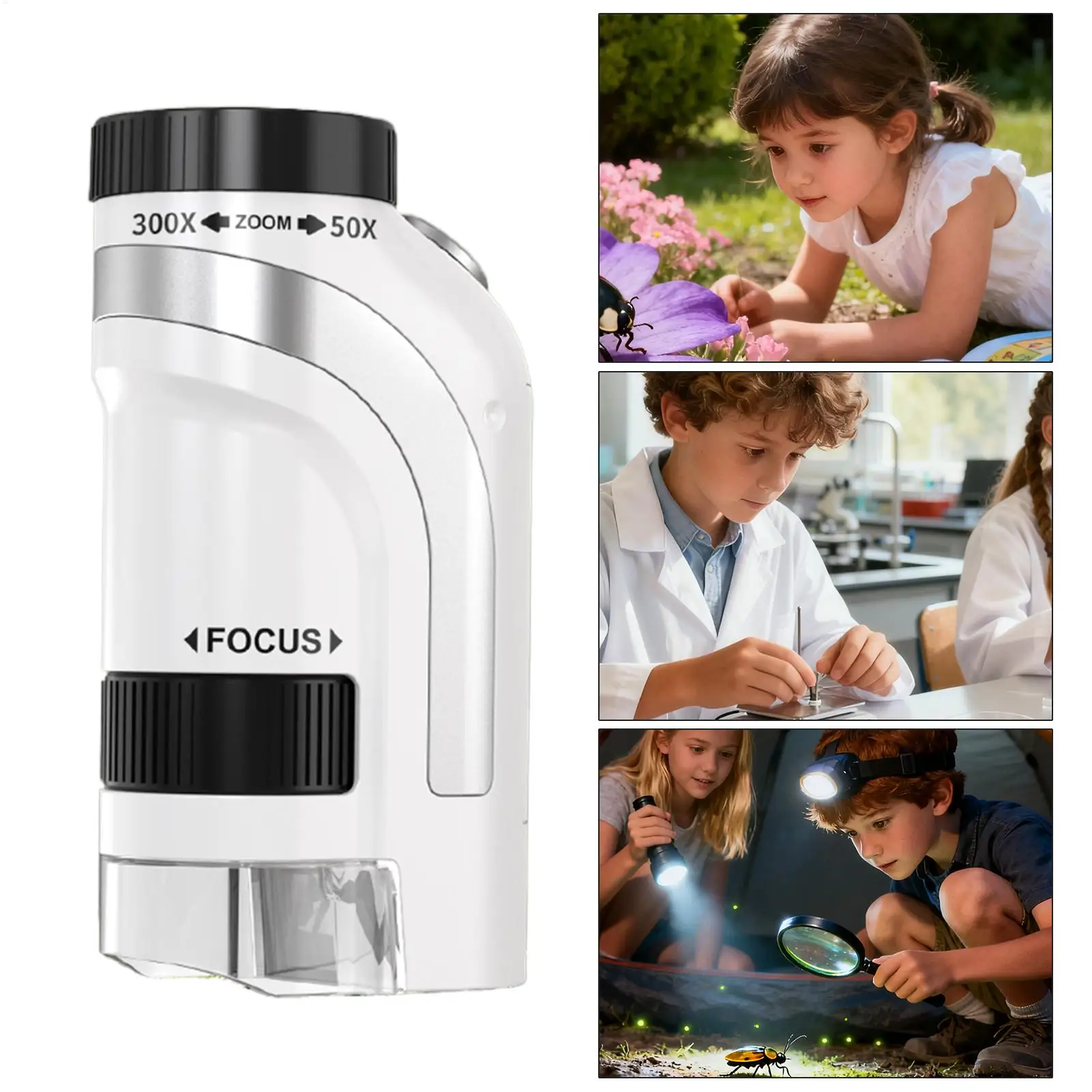 مجهر جيب للأطفال تكبير 50x-300x مع ضوء LED، مجهر رقمي محمول للأطفال والفتيان والفتيات