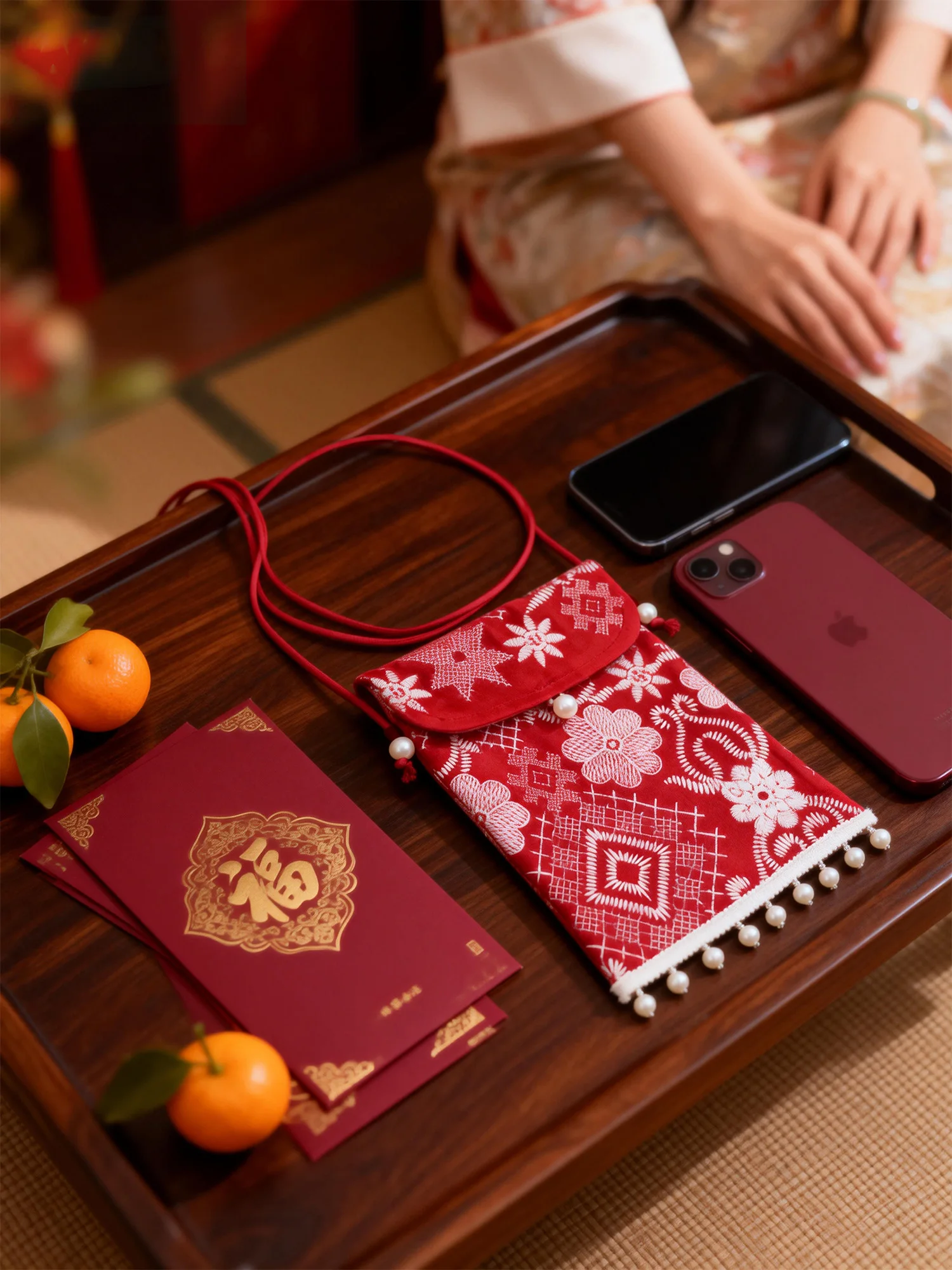 

Red New Chinese Style Crossbody Bag Embroidered Cloth Art Mobile Phone Bag for New Year Wedding Celebration