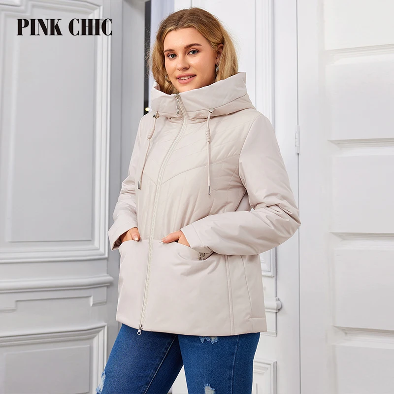 

PINK CHIC Spring and Autumn 2024 New Women's Jacket Casual Fashion Large Pocket Short Quilted Parker Cap Thermal Jacket S3086