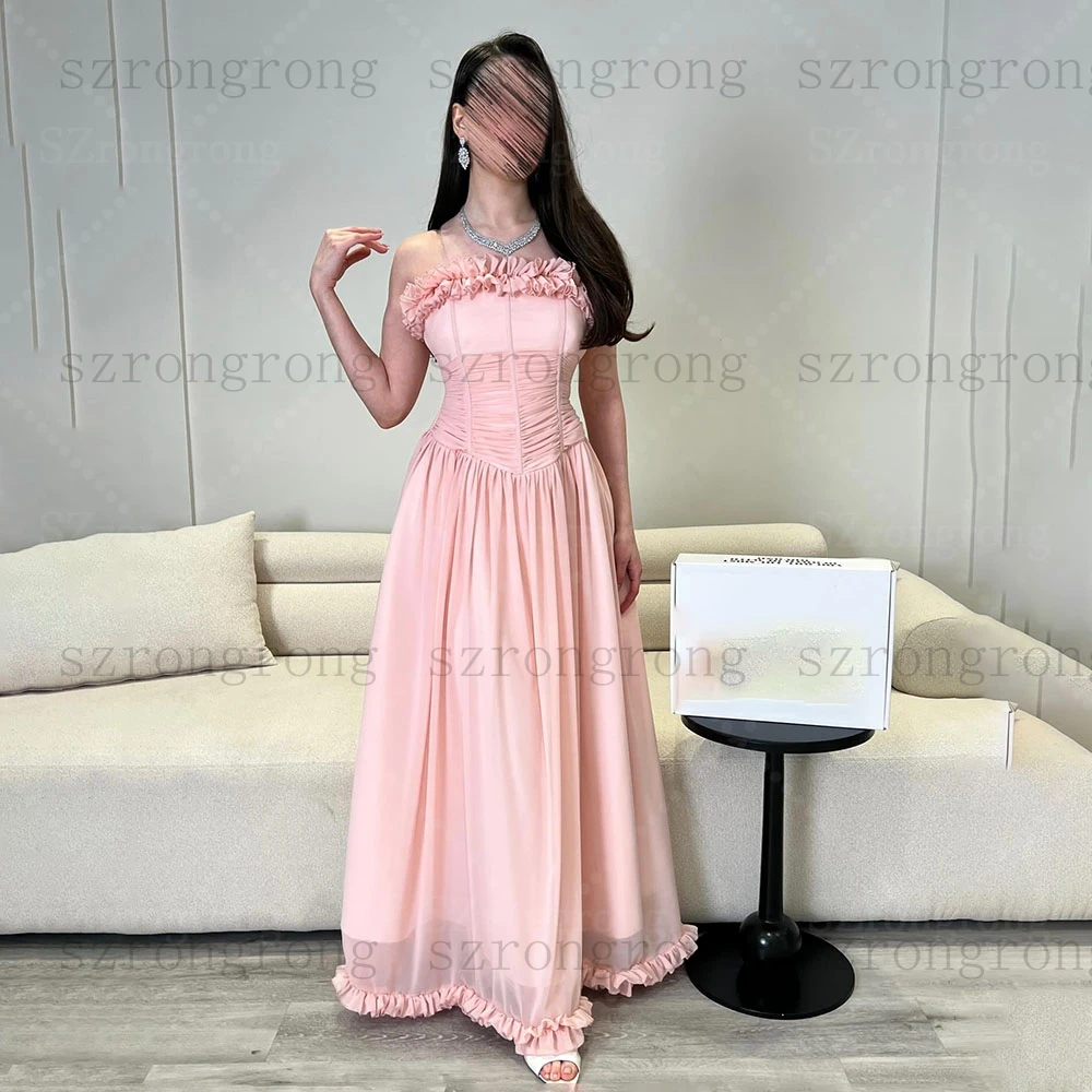 

customized Boat Collar Chiffon Ruffles Formal Evening Bridal Dress Sleeveless سهره نسائيه فخمة A-Line Long Prom Party Dress