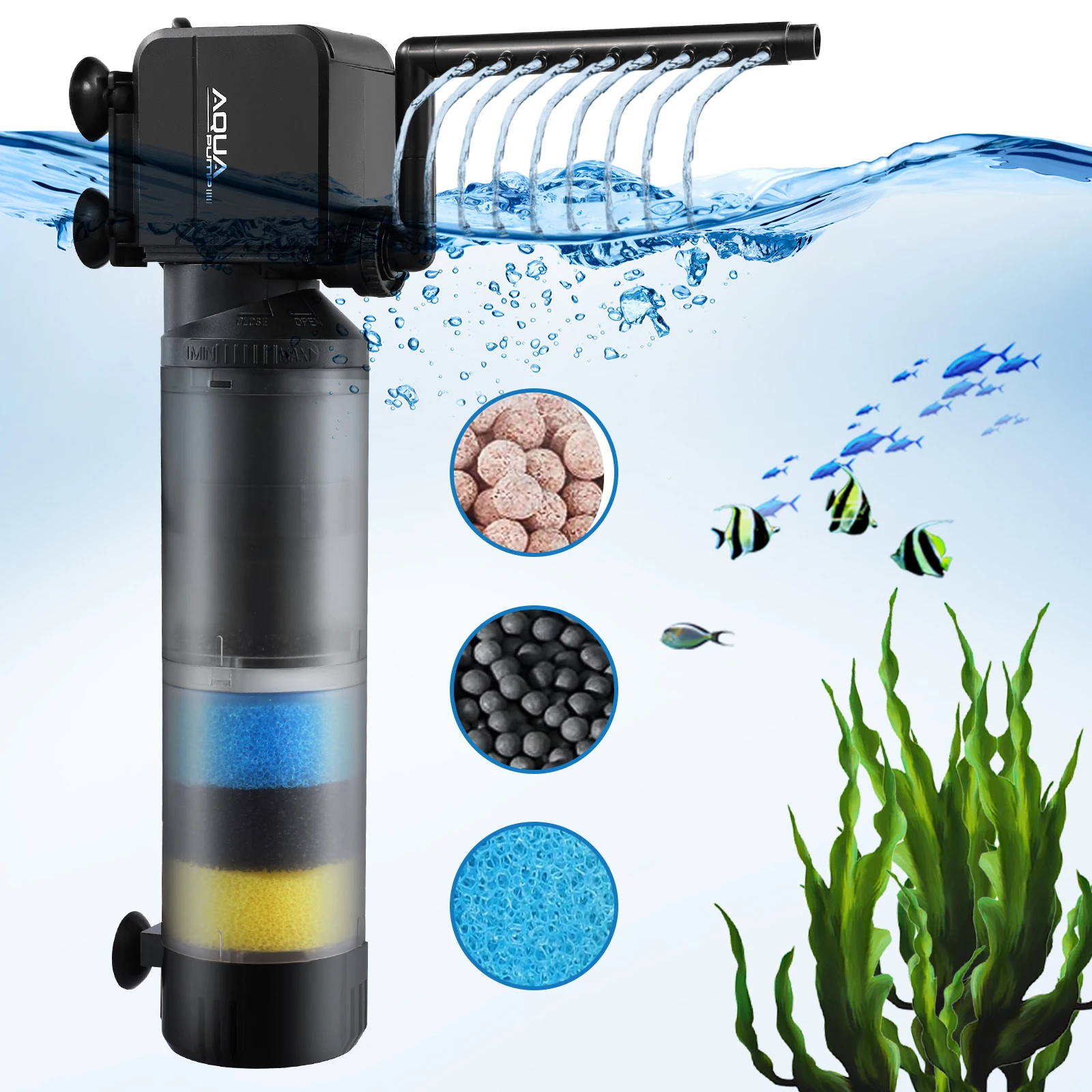 Aquarium Filter Fish Tank Filters 20W 3-Stage Filtration with Oxygenation Aeration Rainfall Modes for 10-180 Gallon Aquariums