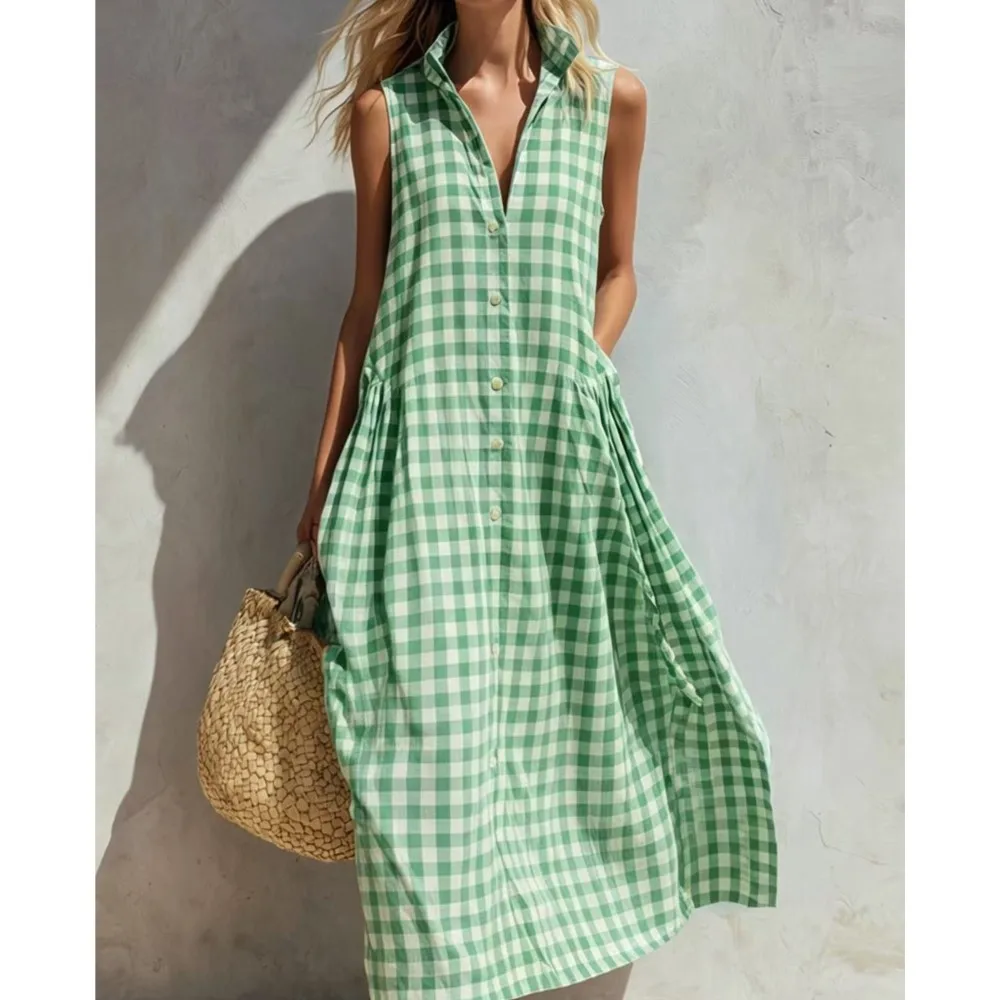 

Fashion Printed Plaid Sleeveless Stand Collar Loose Women's Dress Summer Casual Loose Retro Female Seaside Vacation Long Dresses