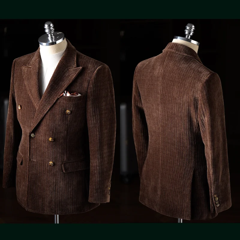 

New Autumn and Winter Men's Suit Jacket Corduroy Business Casual Double Breasted Retro British Suit Jacket