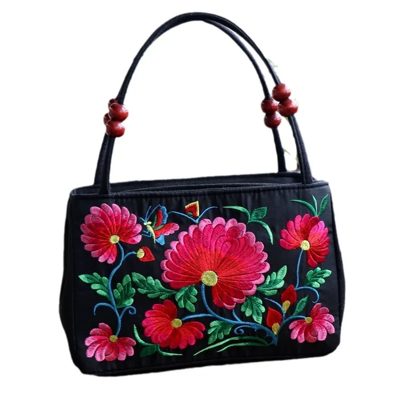 Bird Embroidery Flower Handbag Leaf Canvas Rose Flower Shoulder Bag Underarm Bag Mommy Bag Ethnic Style Tote Bag Ladies/Girls