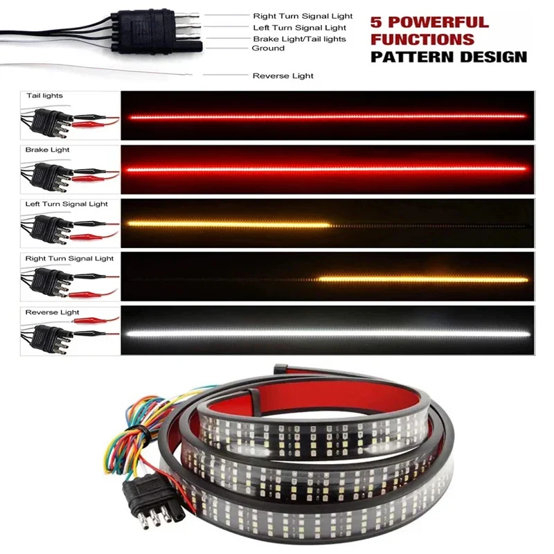 60 inch Truck Tailgate Light Bar Three Color LED High Brightness Reverse Brake Turn Signal Tail Lights Four Row Warning Lamp 12v