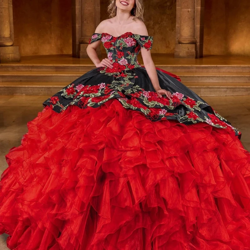 

Red Shiny Quinceanera Dresses Off The Shoulder Applique Lace Beads Corset Tiered Tull Party Birthday Sweet 16 Dress Vestidos 15