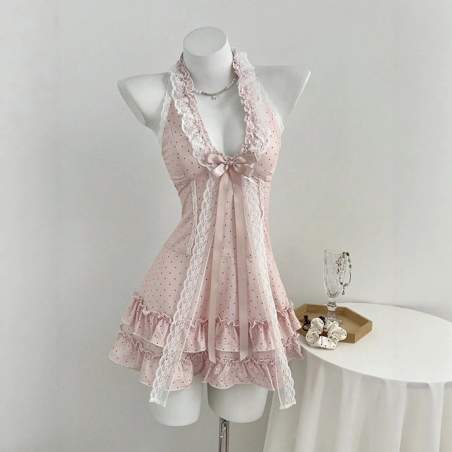 Bow V Neck Dress Fitted Sweet with Halter Neck Sleeveless Mini Length Slim Fit Bow Detail Wrinkle Finish Polka Dot for Women
