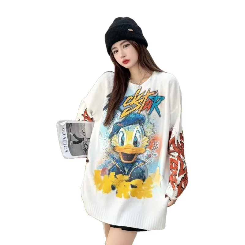 Nova chegada das mulheres disney mickey mouse oversized camisola branca-all-over cartoon gráfico na moda casual manga longa pulôver