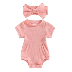 Newborn Baby Girl Romper Knit Ribbed Short Sleeve Jumpsuit Romper Baby Girl Summer Clothes Headband