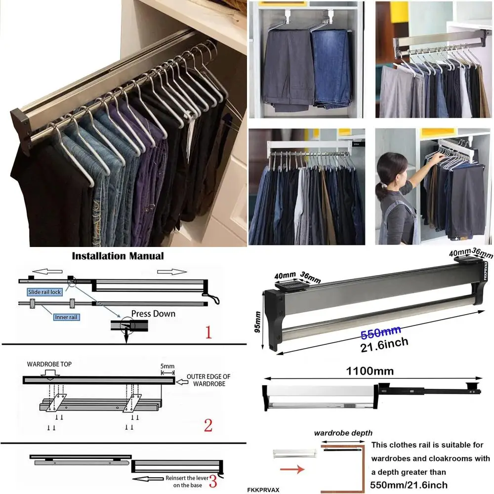 

Регулируемая выдвижная штанга для шкафа, выдвижная вешалка 30-60 см для гардеробов, органайзер для брюк и пальто (21.6)