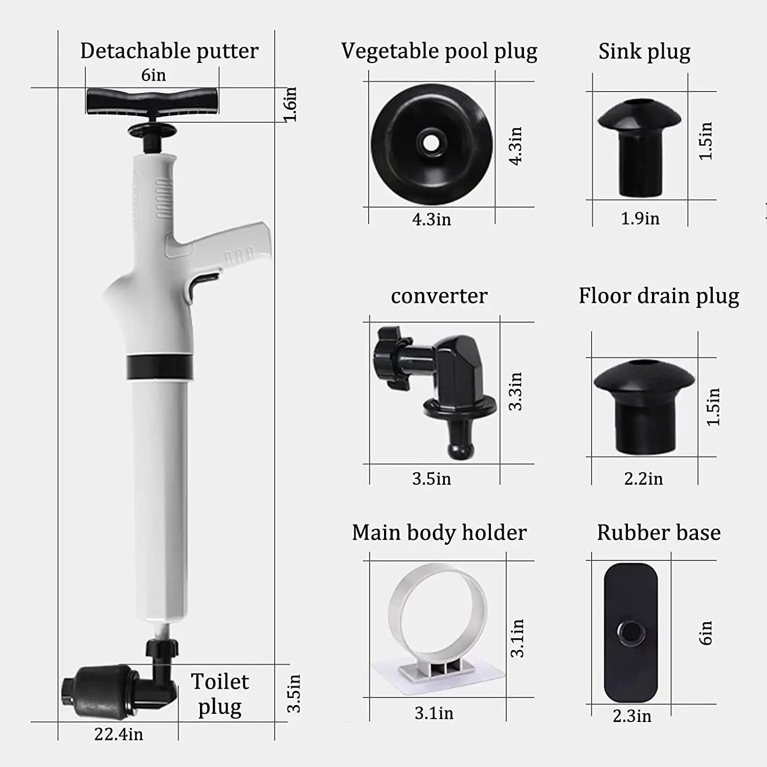 9 in 1 Air Plunger for Toilet,High Pressure Drain Plumb Plunger with 9 Detachable Assembly Heads for Plugging Toilets, Kitchens