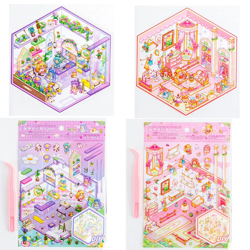 DIY 3D Sticker+Tweezers Cartoon Pocket Princess Room Scene Stacking and Pasting Festival Birthday Gift for Kid Child Student
