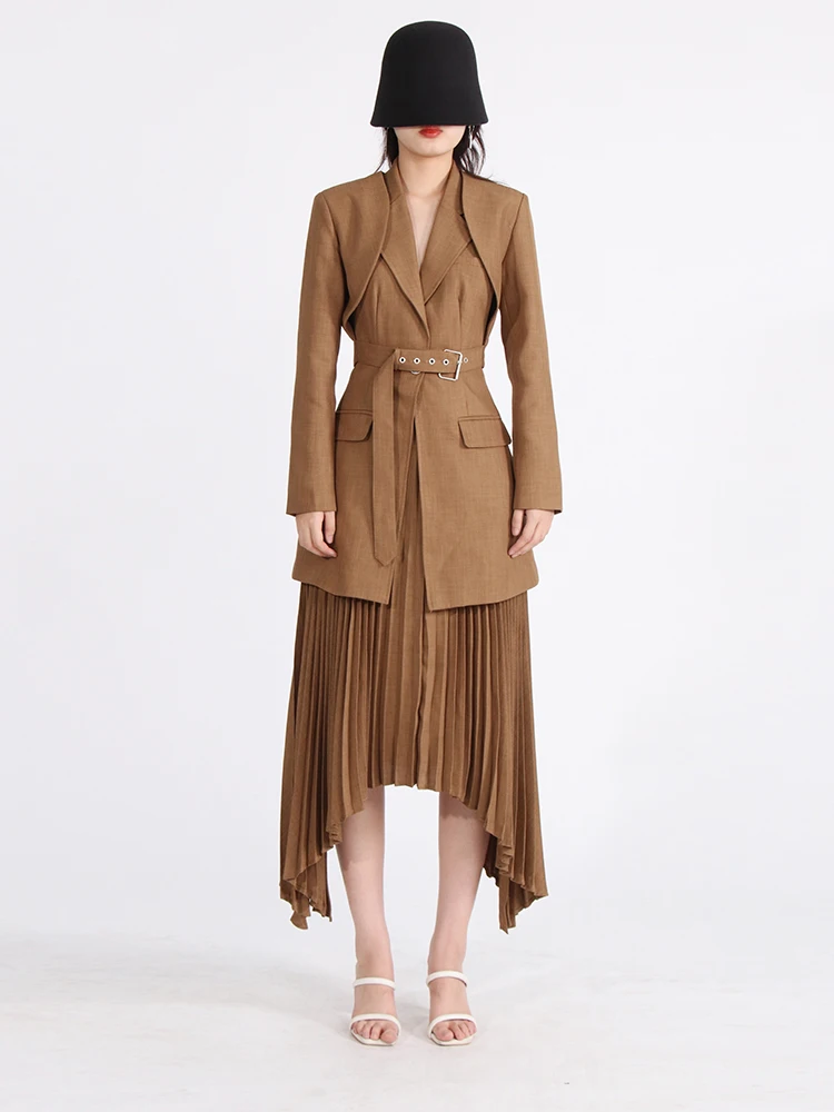 GALCAUR Solid Two Piece Sets For Women Notched Collar Sleeveless Folds Dress Long Sleeve Spliced Belt Coat Casual Set Female New