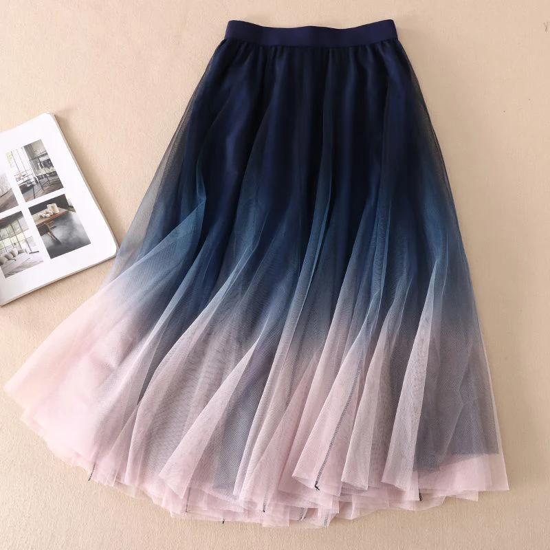 MEXZT Gradient Tulle Midi Skirt Women Elegant Mesh Pleated Skirts Summer Korean Fashion High Waist Casual All Match A Line Skirt