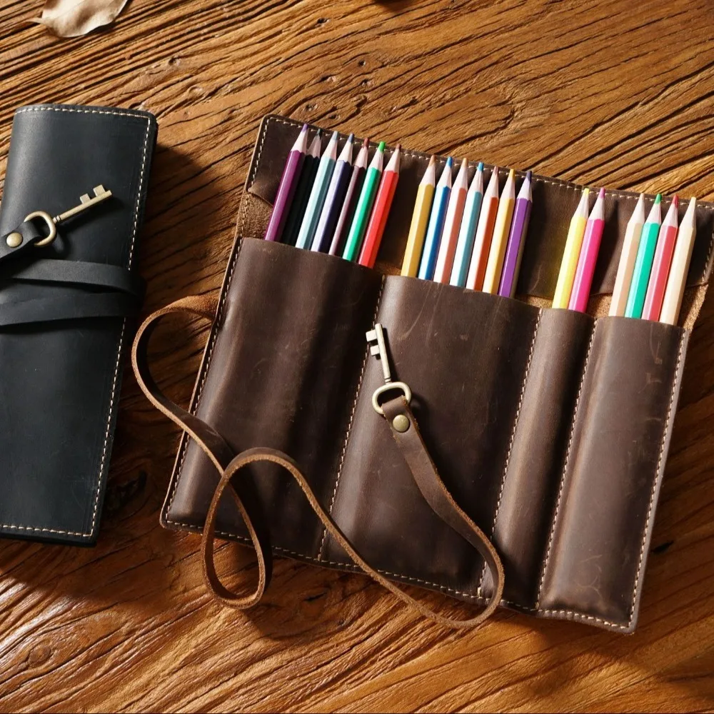 Genuine Leather Genuine Leather Pencil Case Tie Rope Pens Bag Foldable Leathe Pencil Bag Retro Foldable