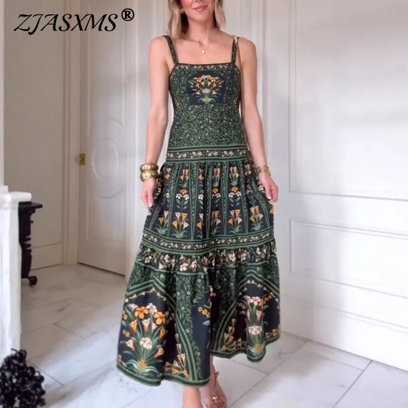 Summer Dresses 2025 Woman Pattern Print A-Line Pleated Dress Spring Square Collar Straps Long Dress Sexy Backless Zip Boho Dress