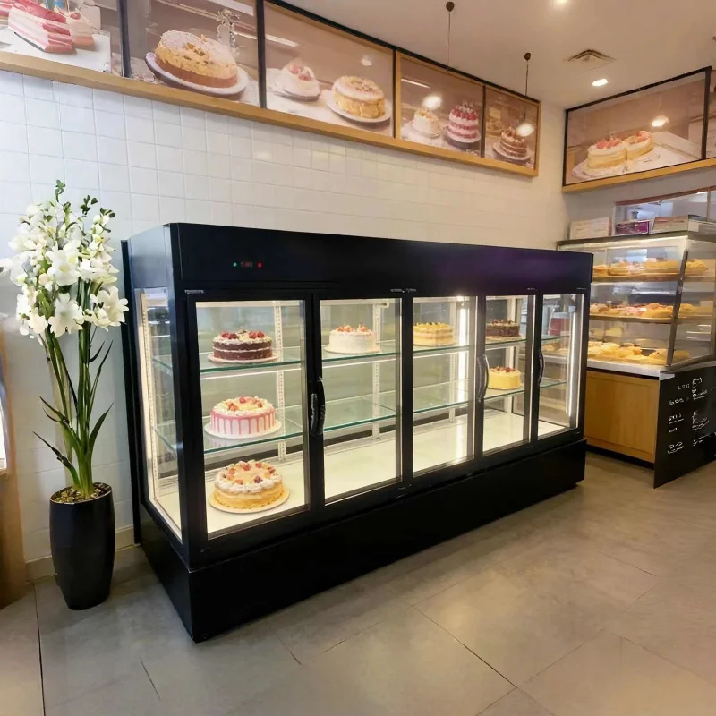 custom.Three Floors Commercial Refrigerated Cake Display Glass Door LED Lighting Heavy Duty Features Customiza