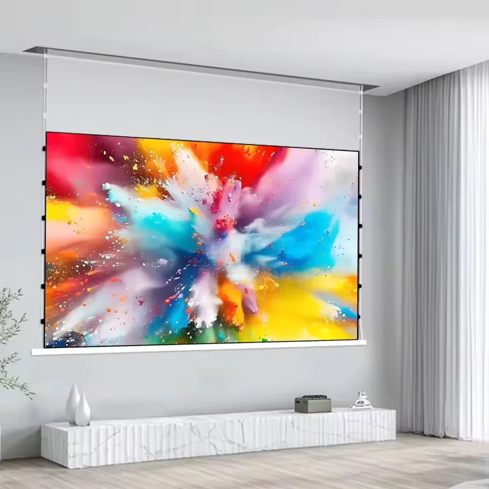 Electric Floating Wall Mount Projector Screen 72-150 inch PetStar Grey AI Smart Motorized Screens for Normal Projector 8K 3D