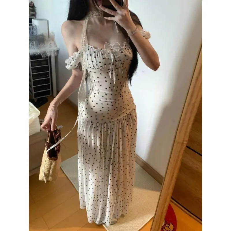 Korean Popular Y2k Sweet Female Fashion Dresses Chic Polka Point French Elegant Slimming Design Holiday Outfits Woman Clothing