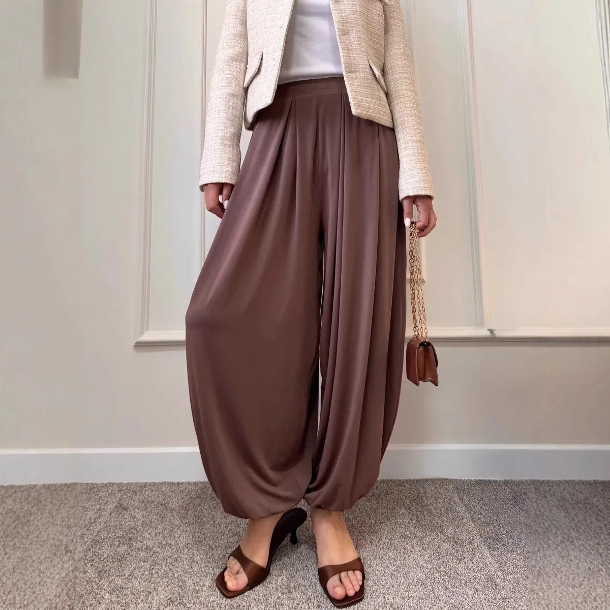 Fashion Womens High Waist Lantern Pants Casual Loose Fit Summer Trousers Soft Beach Holiday Bottoms Wide Leg Comfort Style