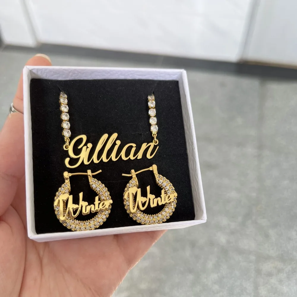 Imagem -05 - Duoying-bling Nome Brinco Hoops Zircon Cadeia Jóias Brilhantes Pingente de Placa de Identificação Personalizada Carta Conjunto Presente mm Aço Inoxidável