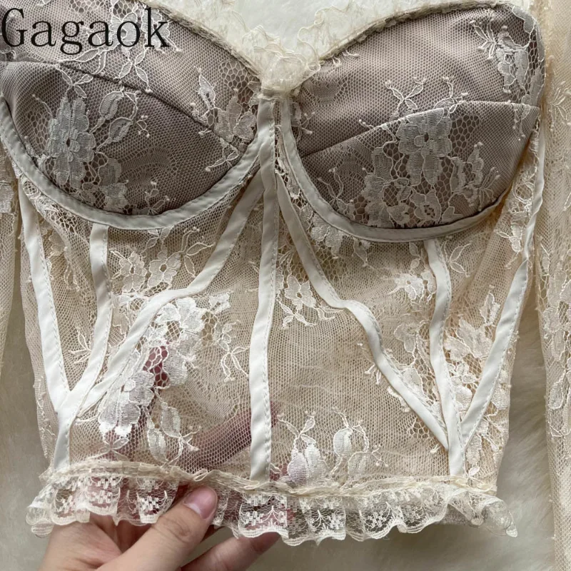 Gagaok Lace Embroidery Sexy Blouse Women Square Neck Long Sleeve Elastic Waist Elegant Lady Fashion Spring Short Tops