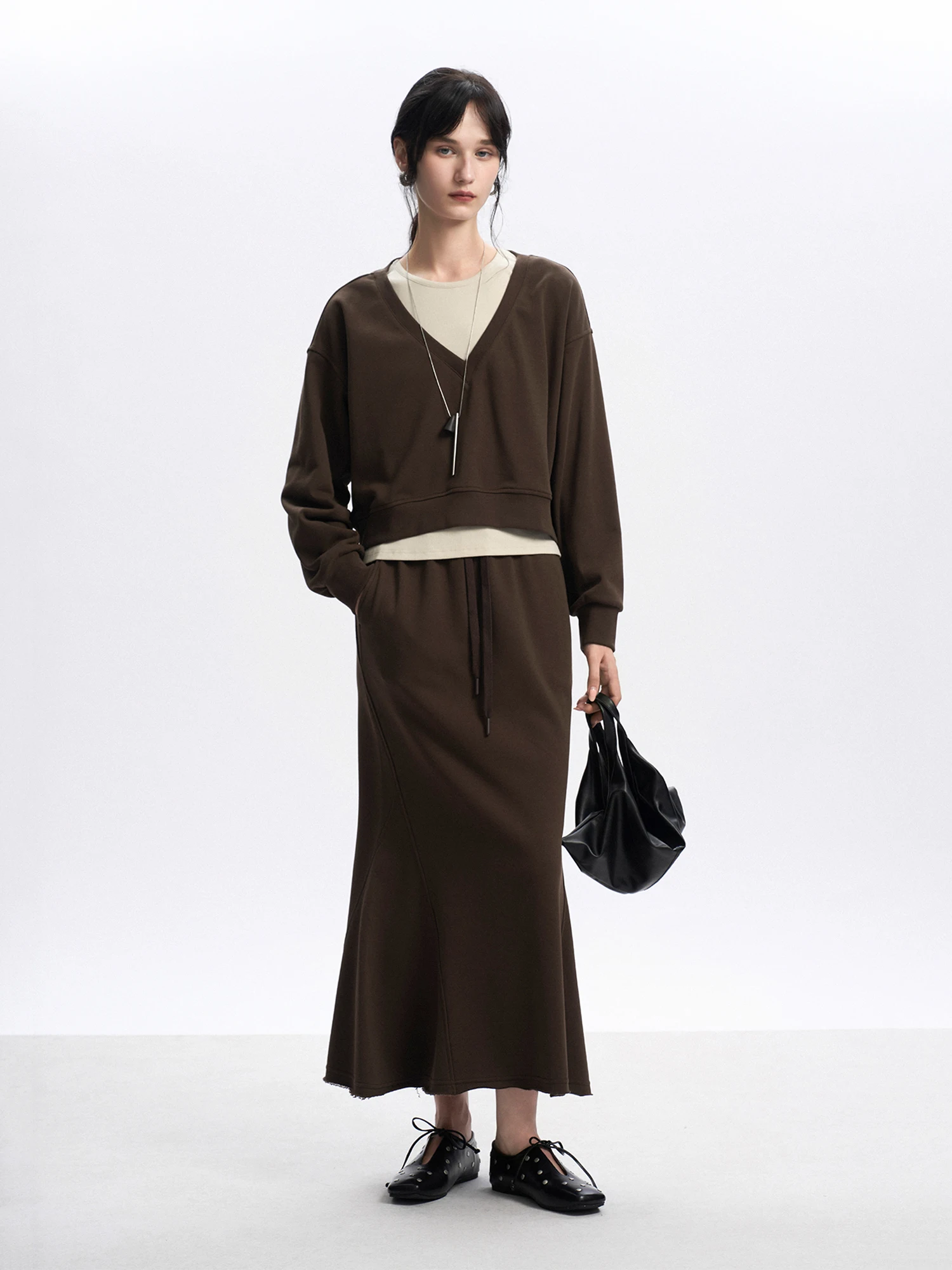 

CLMX Cotton Blend Fabric Autumn Winter Casual U-Ne Vest V-Ne Top f Skirt Women's Faion Set Tee-Piece Suit