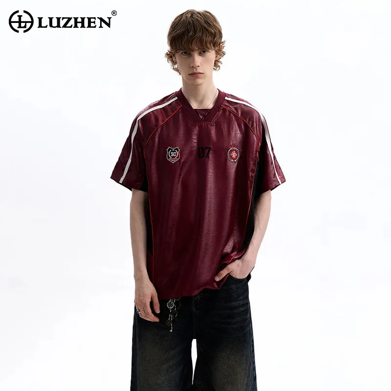 LUZHEN Fashion Embroidery Logo V Neck Short Sleeve T-shirts Men's High Quality 2025 Summer Casual Tops Handsome Clothes JY2053