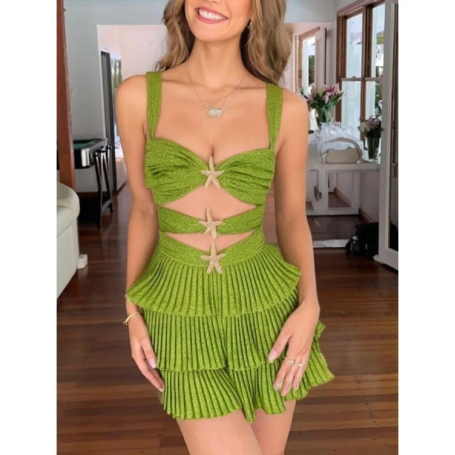 Women Starfish Glitter Mini Dress Sexy Cut Out Backless Dresses Ruched Ruffle Tiered Layered A Line Swing Dress