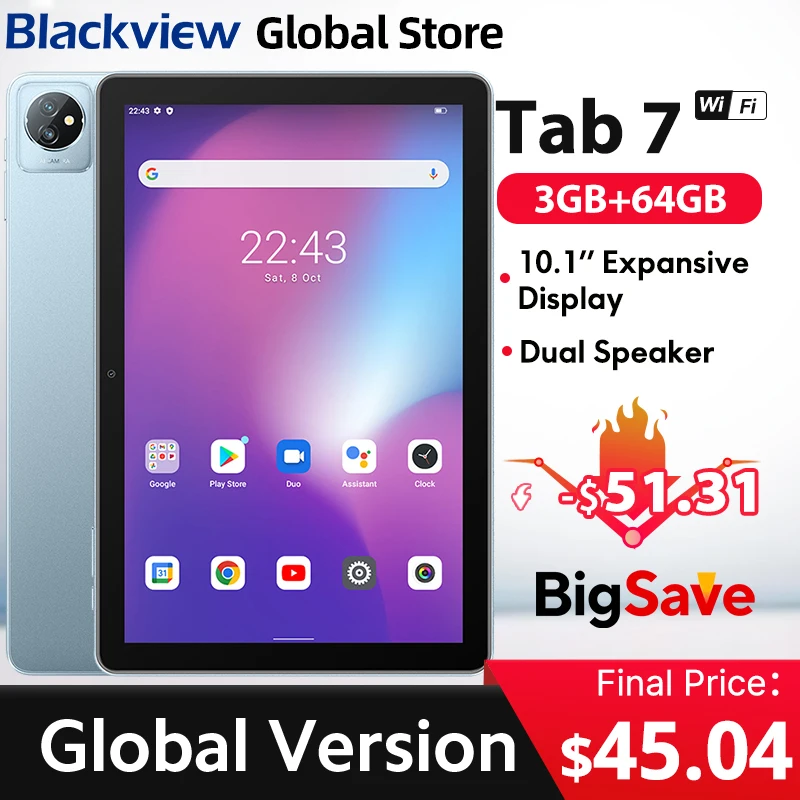 Blackview Tab 7 WIFI 10.1 Inch Tablet HD+ Display 5GB(3+2 Expand) RAM 64GB ROM 6580mAh Battery Android 12 Touch Screen Tablets