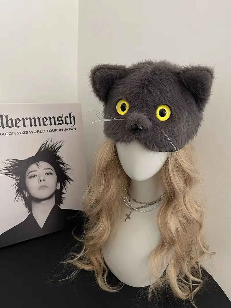 

Unisex Hip Hop Bucket Hat with Gray Cat Earrings Kpop Bigbang G Dragon Plush Cute Animal Design for Concert Accessories