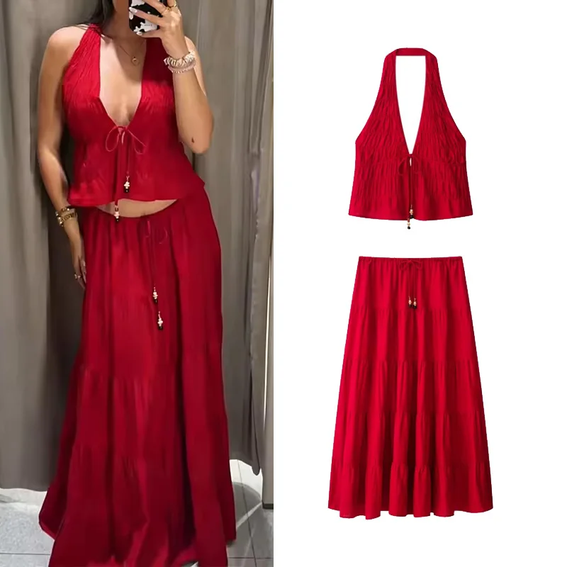 

Women's Skirt Set New 2026 Holiday Style Halter Neck Lace-up Crop Top Elastic Waistband Midi Skirt with Drawstring Female Outfit