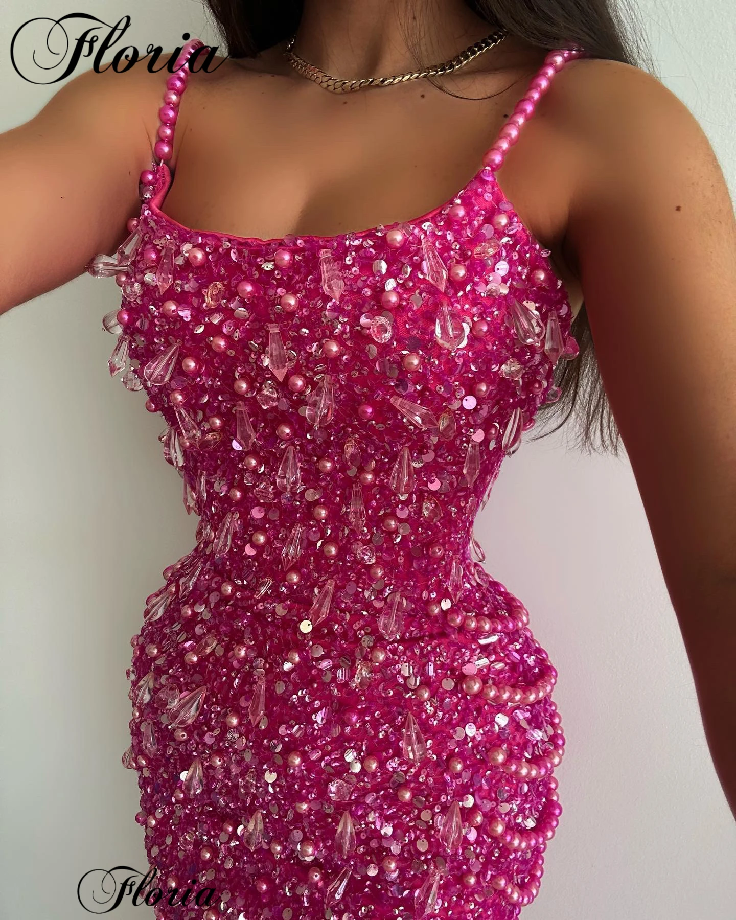 Luxury Fuchsia Prom Dresses With Crystals Spaghetti Summer Beach Evening Party Dresses Pearls Birthday Dresses Vestidos De Noche