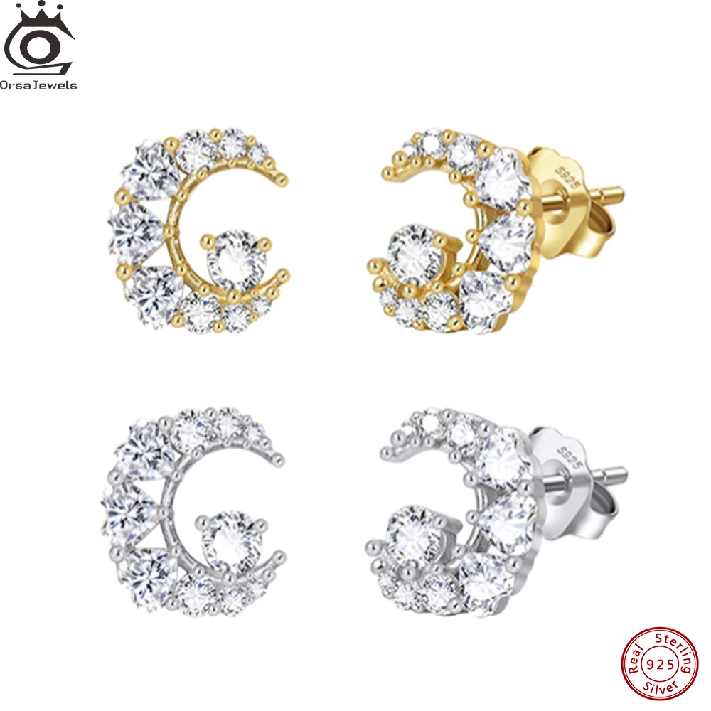 

ORSA JEWELS Блестящие серьги-гвоздики из 100% стерлингового серебра 925 пробы в форме луны, комплект серег-гвоздиков для помолвки, юбилея, изысканные ювелирные изделия, подарок SE416