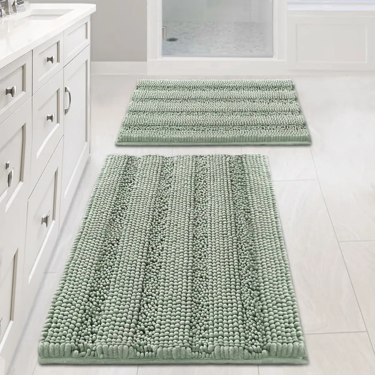 

Extra Thick Chenille Striped Bath Mat Set of 2, Non-Skid Shaggy Rugs for Bathroom Floor in 32x20 and 24x17 Inches