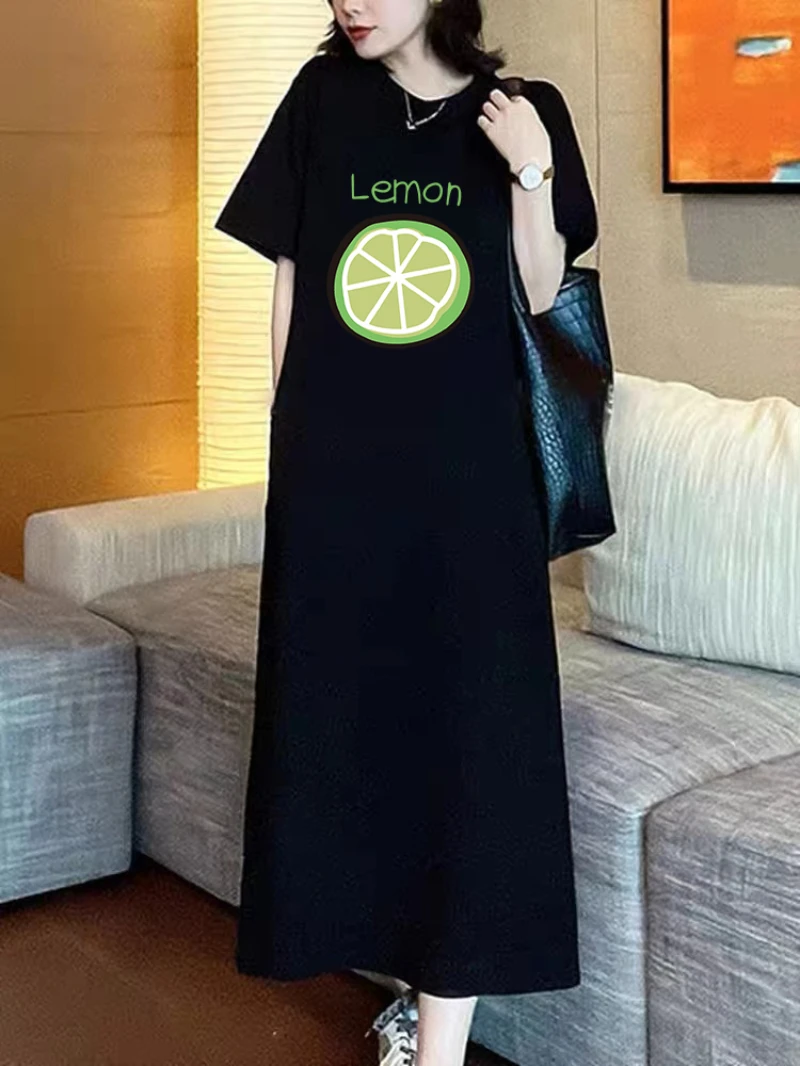 

Korean Version Loose Slimming Knee Length Long Skirt, Summer Pure Cotton Short Sleeved T-shirt Skirt, Women's Fashionable Dress