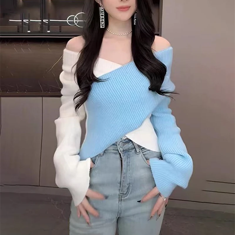 الخريف المرأة مثير طويلة الأكمام خارج الكتف سترة الشتاء عادية بلوفر مغزول موضة أنيقة عبر اللون تقسم تريكو