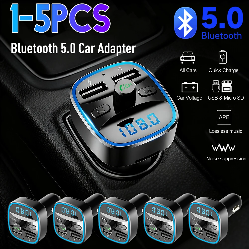 1-5PCS Bluetooth 5.0 Car Adapter Hands-free Calling USB Charger MP3 Player LED Light Fast Charging FM Transmitter Car Accessory