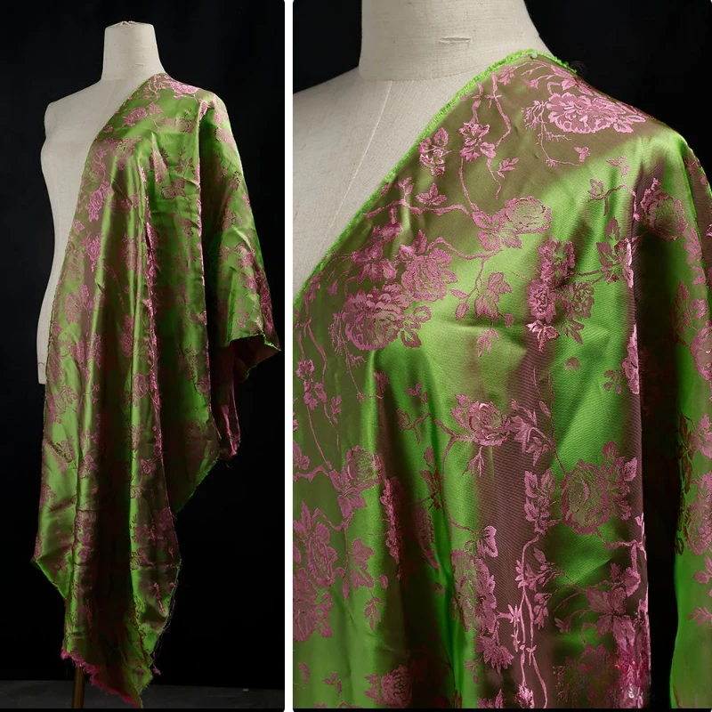 

Spring and Summer New Chinese Flower Pink Green Cotton Silk Dark Pattern Satin Jacquard for Skirt Cheongsam Fabric