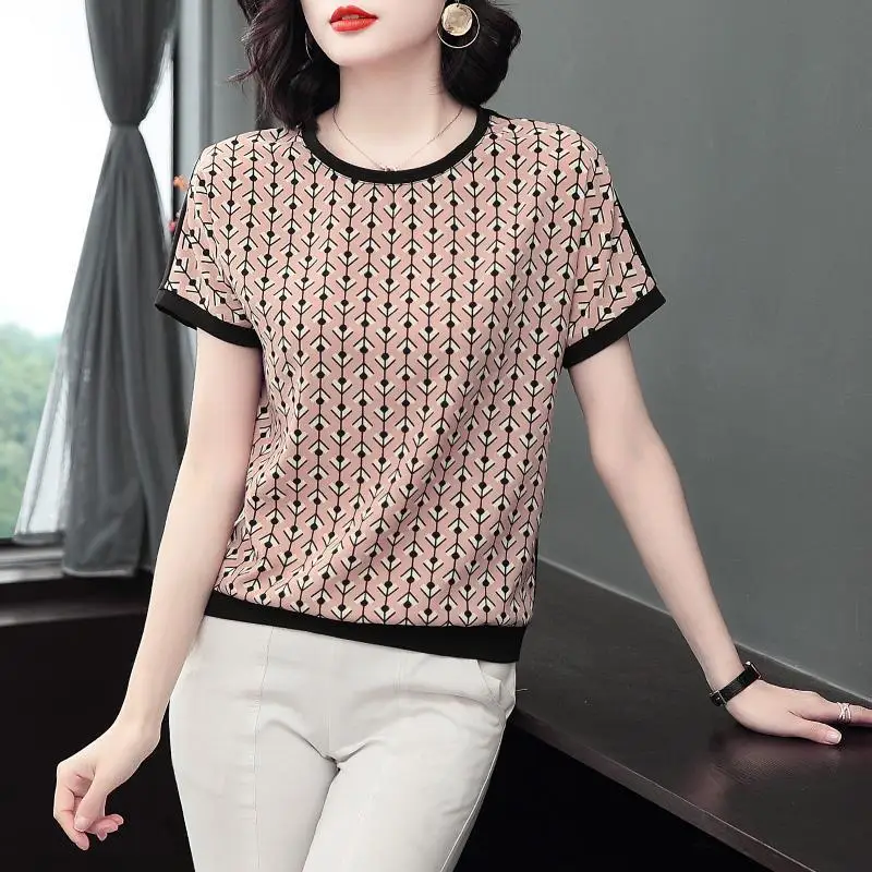 Summer Women\'s Contrast Color Crew Neck Short Sleeve Loose Plus Size Thin Korean Pullovers Fashion Casual Commute Tops