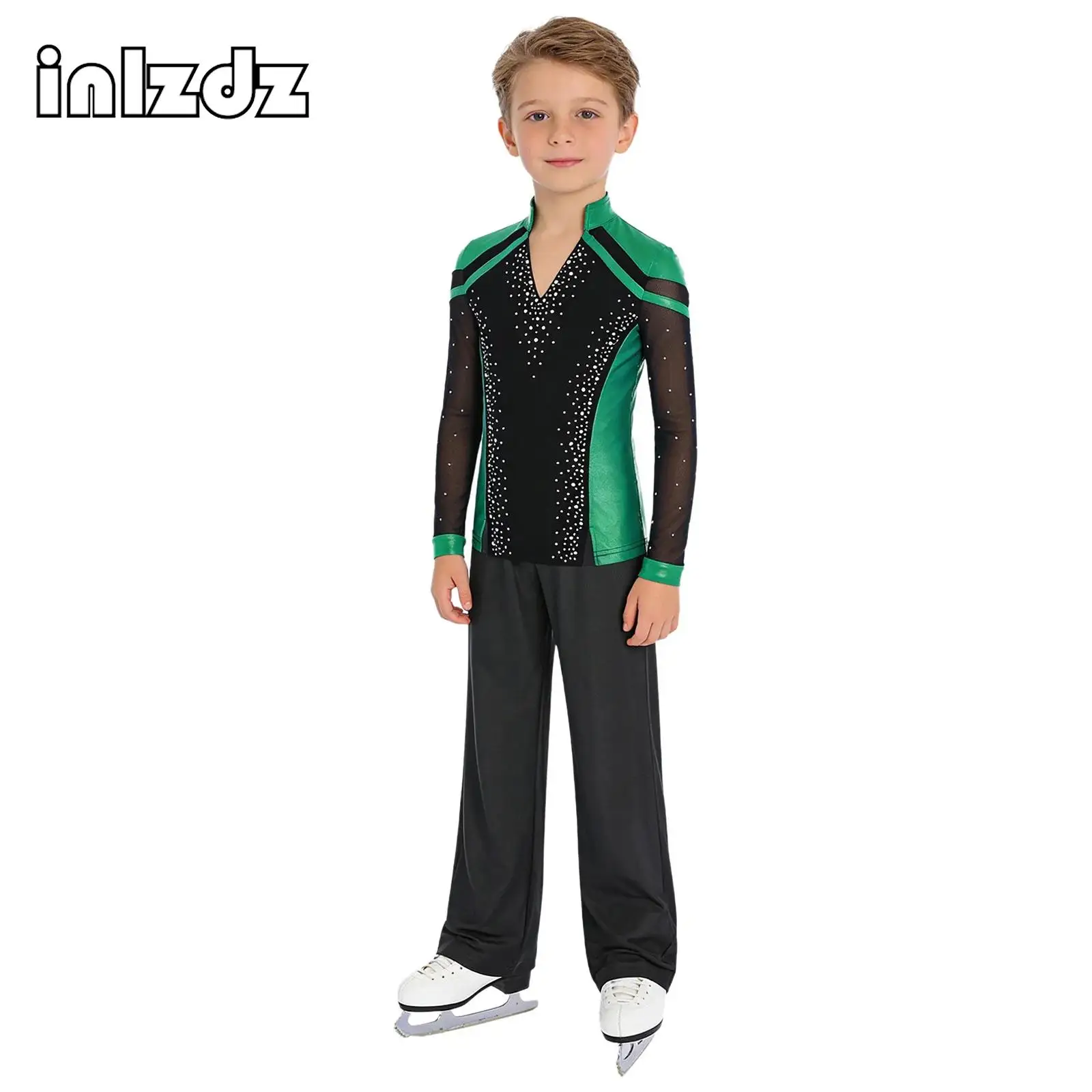 

Kids Boys Figure Ice Skating Costume Long Sleeve Shiny Rhinestones Metallic Top+Pants 2-piece Sets for Ballet Dance Performance