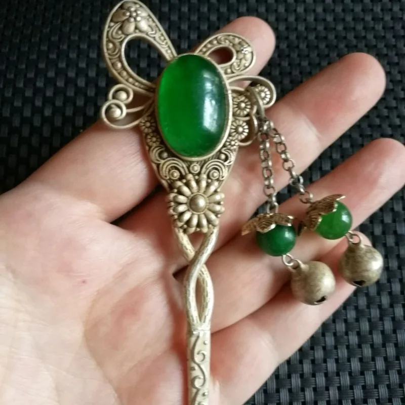Antique Style Chinese Hair Stick, Inlaid Agate & Green Chalcedony, Retro Collectible Hairpin, Unisex Decorative Hair Accessory