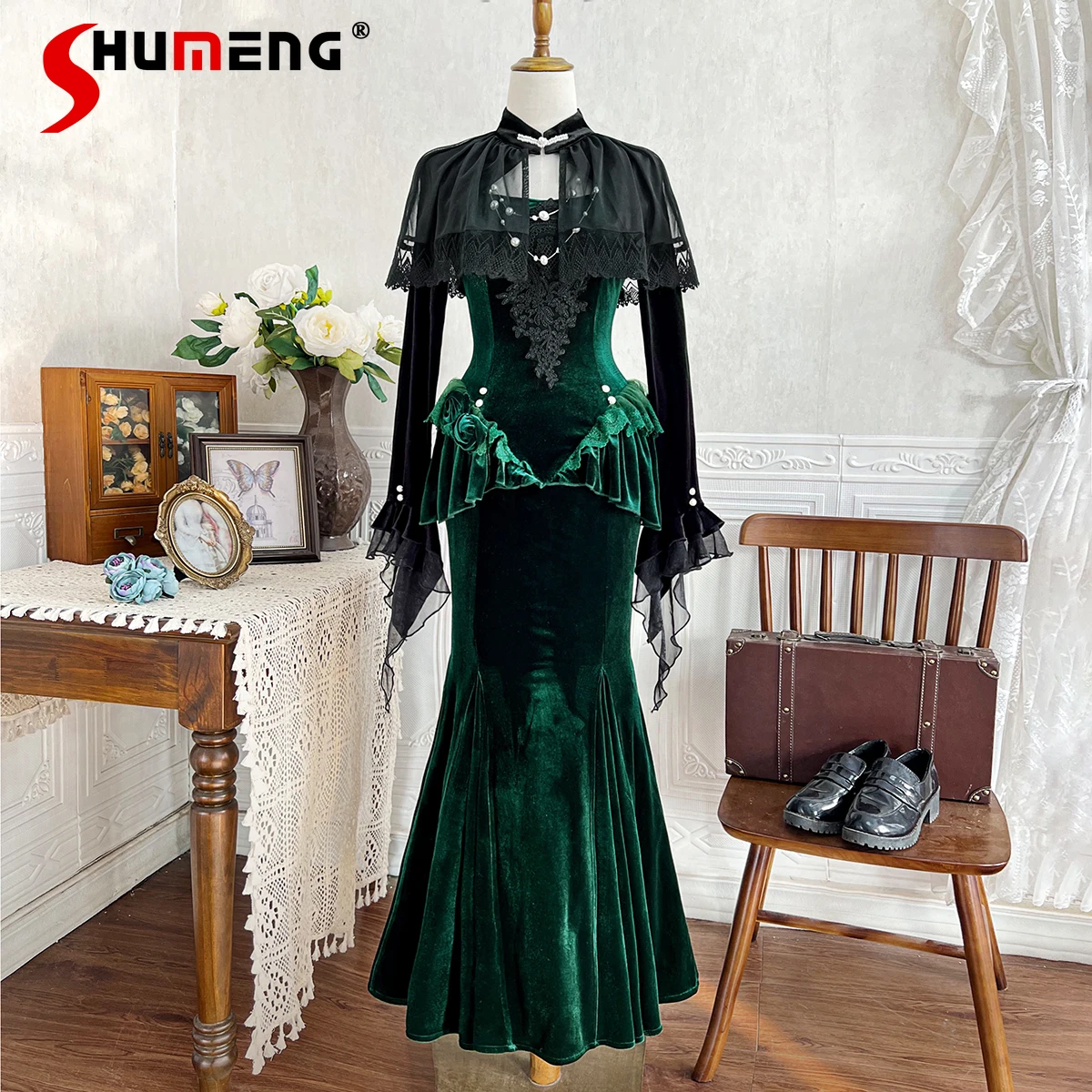 

Original Gothic Dark Cosplay Long Dress and Shawl 2-Piece Set Autumn and Winter New Women's Slim Fit Elegant Vintage Dresses