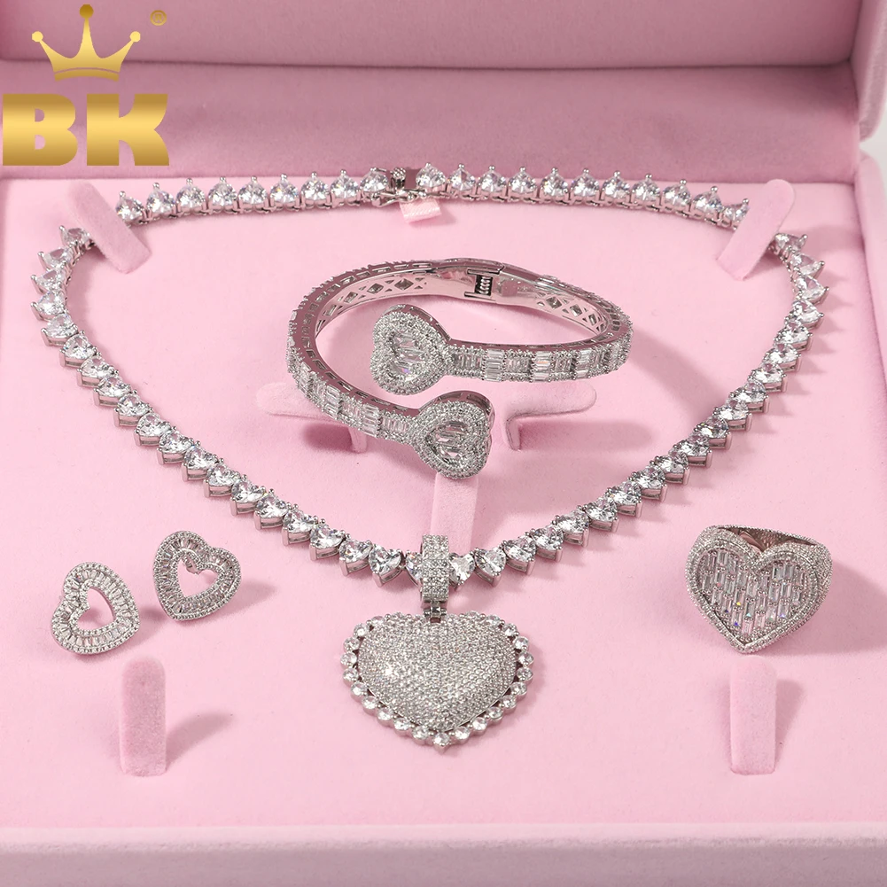 

TBTK Baguettecz Heart Jewelry Set Full Iced Cubic Zirconia Love Style Collection Earring Ring Pendant Necklace Women Jewelry Set