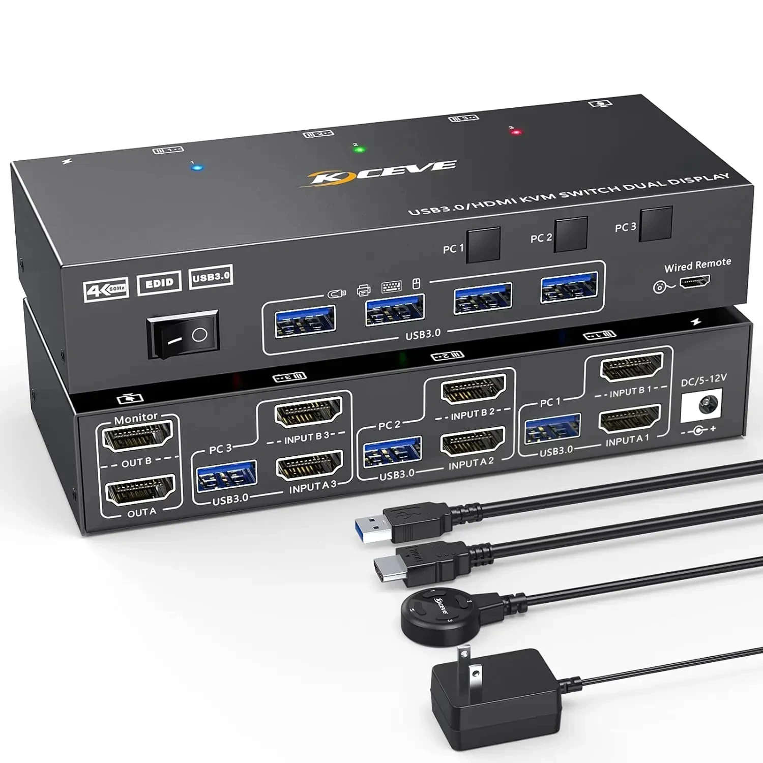 

Dual Monitor KVM Switch USB 3.0 HDMI KVM Switch 2 Monitors 3 Computers, EDID Emulator,4K@60Hz 2K@144Hz with 4 USB 3.0 Ports