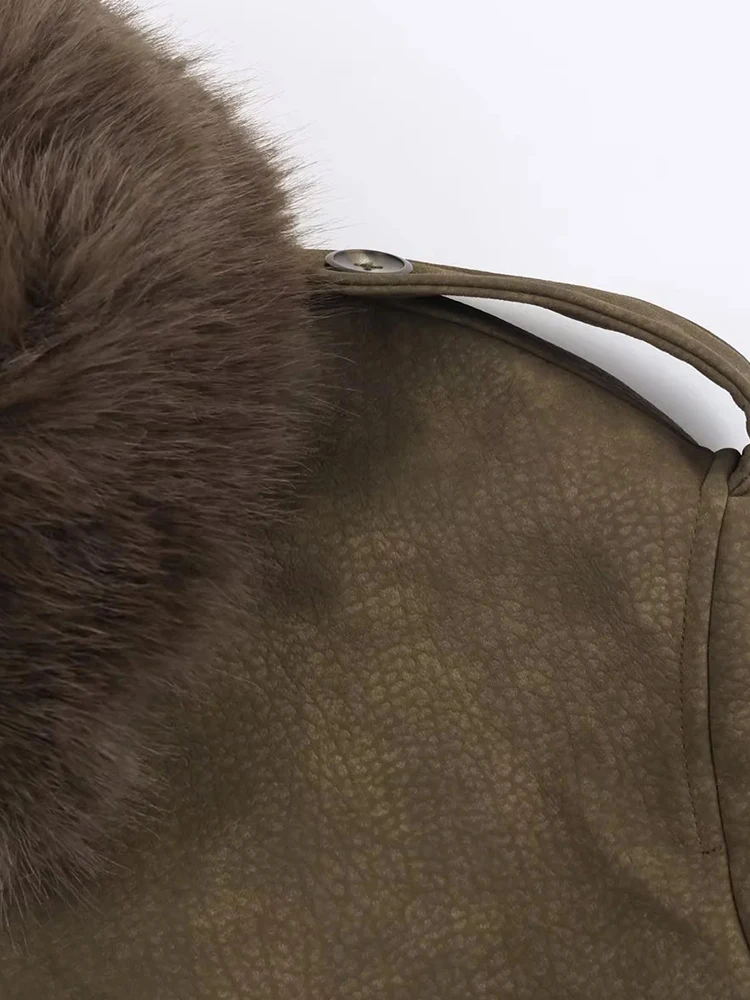 Nieuwe damesjas Legergroen Suède effect met lange mouwen Imitatiebontkraag Jas Casual Mode Veelzijdig Persoonlijk